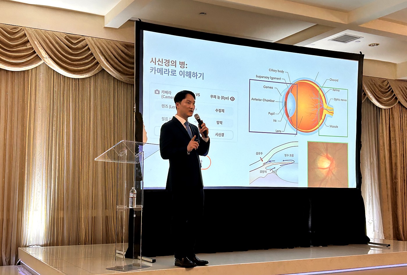 안구 구조 슬라이드로 백내장과 녹내장을 설명하는 전문의